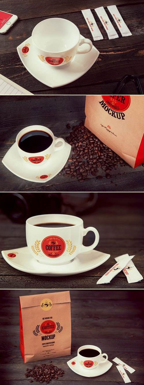 دانلود موکاپ فنجان و بسته بندی قهوه