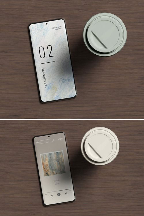 دانلود موکاپ موبایل هوشمند به همراه لیوان قهوه